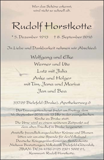 Traueranzeige von Rudolf Horstkotte von Neue Westfälische