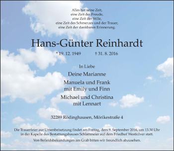 Traueranzeige von Hans-Günter Reinhardt von Neue Westfälische