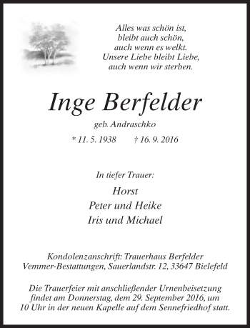 Traueranzeige von Inge Berfelder von Neue Westfälische