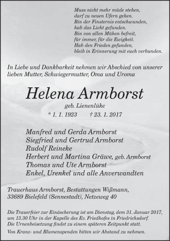 Traueranzeige von Helena Armborst von Neue Westfälische