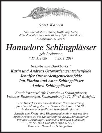 Traueranzeige von Hannelore Schlingplässer von Neue Westfälische
