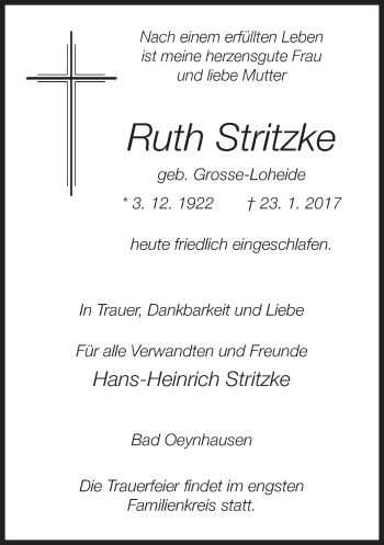 Traueranzeige von Ruth Stritzke von Neue Westfälische