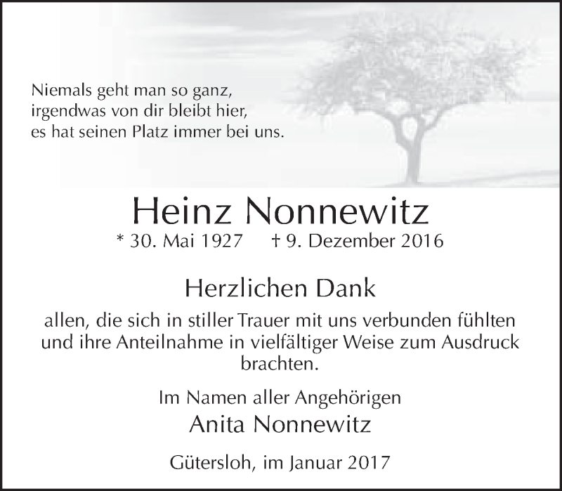  Traueranzeige für Heinz Nonnewitz vom 14.01.2017 aus Neue Westfälische