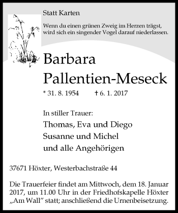 Traueranzeige von Barbara Pallentien-Meseck von Neue Westfälische