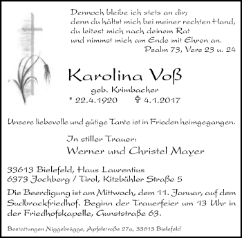 Traueranzeige von Karolina Voß von Neue Westfälische
