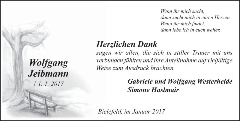  Traueranzeige für Wolfgang Jeibmann vom 28.01.2017 aus Neue Westfälische