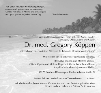 Traueranzeige von Gregory Köppen von Neue Westfälische