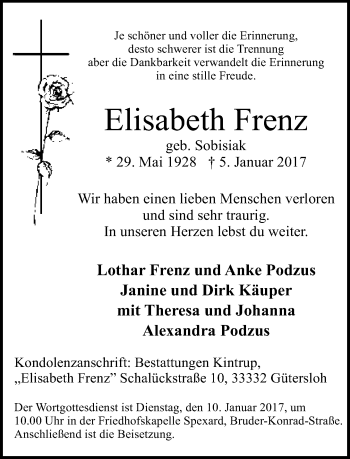 Traueranzeige von Elisabeth Frenz von Neue Westfälische