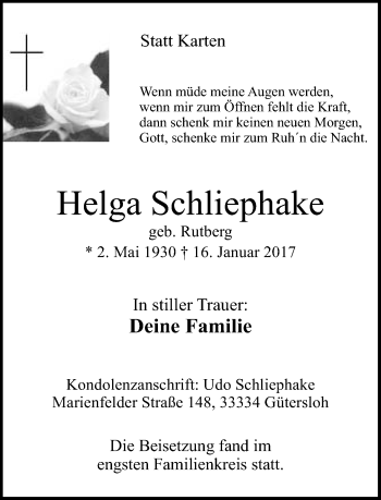Traueranzeige von Helga Schliephake von Neue Westfälische