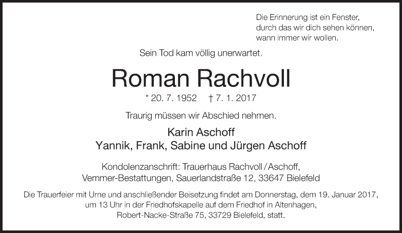  Traueranzeige für Roman Rachvoll vom 14.01.2017 aus Neue Westfälische