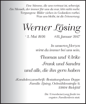 Traueranzeige von Werner Lösing von Neue Westfälische