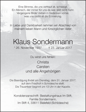 Traueranzeige von Klaus Sondermann von Neue Westfälische