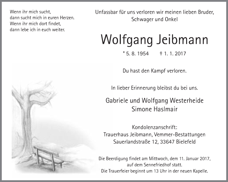 Traueranzeige für Wolfgang Jeibmann vom 07.01.2017 aus Neue Westfälische