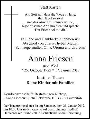 Traueranzeige von Anna Friesen von Neue Westfälische