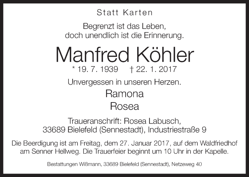 Traueranzeige für Manfred Köhler vom 24.01.2017 aus Neue Westfälische