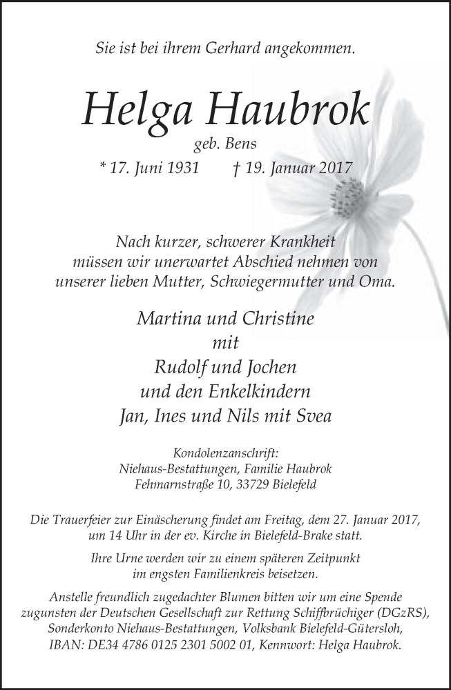  Traueranzeige für Helga Haubrock vom 25.01.2017 aus Neue Westfälische