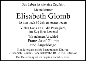 Traueranzeige von Elisabeth Glomb von Neue Westfälische