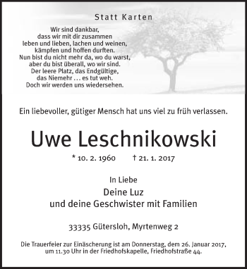 Traueranzeige von Uwe Leschnikowski von Neue Westfälische