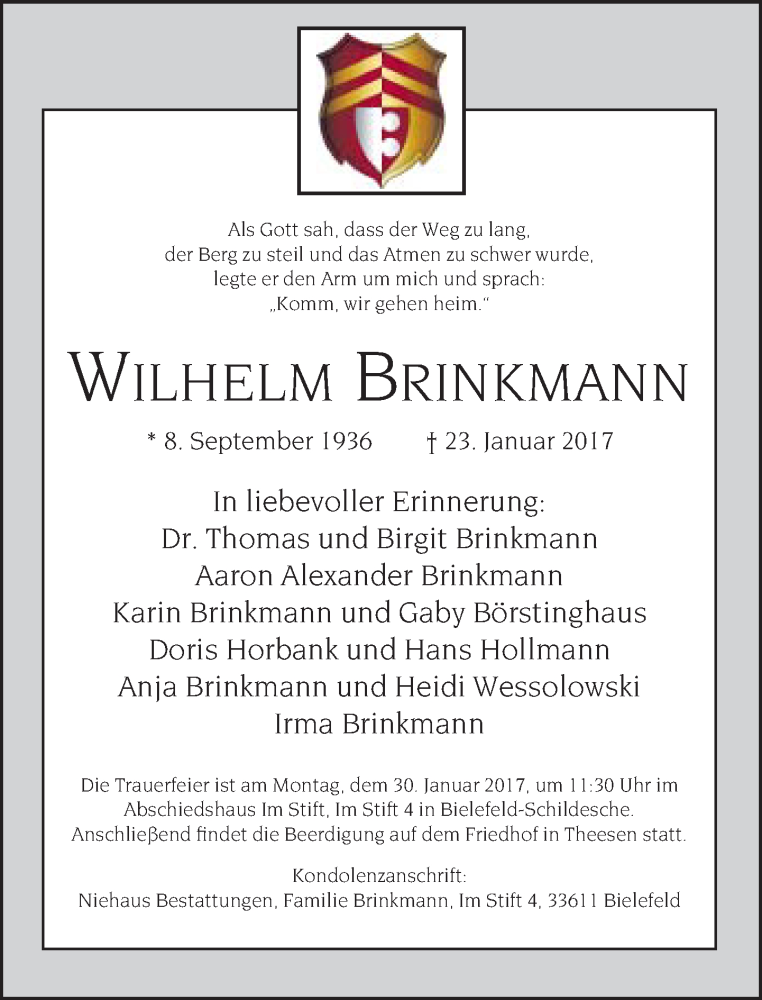  Traueranzeige für Wilhelm Brinkmann vom 26.01.2017 aus Neue Westfälische