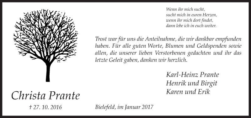  Traueranzeige für Christa Prante vom 07.01.2017 aus Neue Westfälische