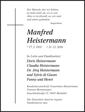 Traueranzeige von Manfred Heistermann von Neue Westfälische