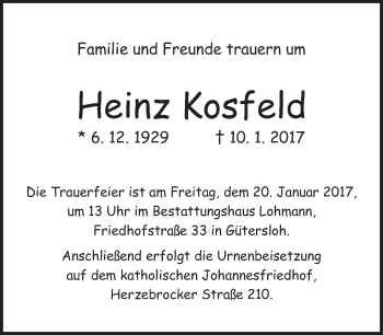Traueranzeige von Heinz Kosfeld von Neue Westfälische