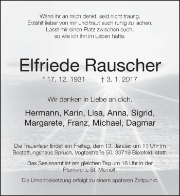 Traueranzeige von Elfriede Rauscher von Neue Westfälische