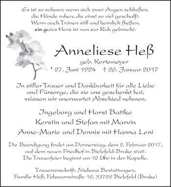 Traueranzeige von Anneliese Heß von Neue Westfälische