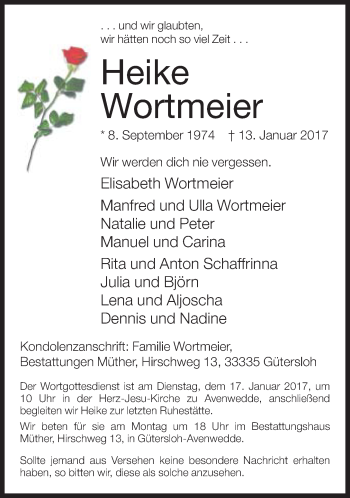 Traueranzeige von Heike Wortmeier von Neue Westfälische