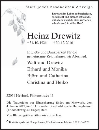 Traueranzeige von Heinz Drewitz von Neue Westfälische
