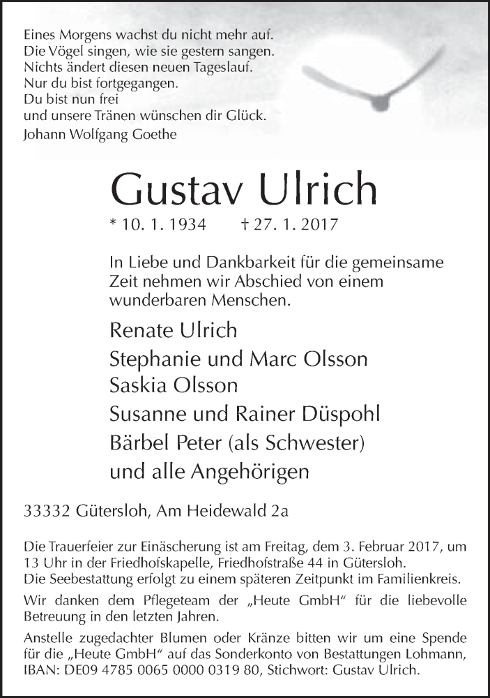  Traueranzeige für Gustav Ulrich vom 31.01.2017 aus Neue Westfälische