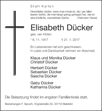 Traueranzeige von Elisabeth Dücker von Neue Westfälische