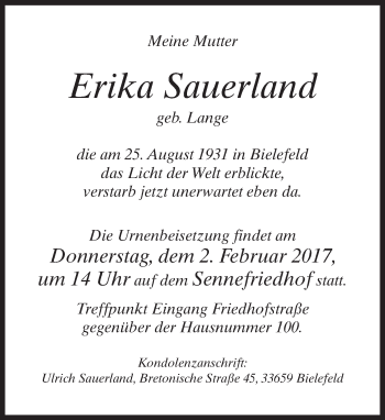 Traueranzeige von Erika Sauerland von Neue Westfälische