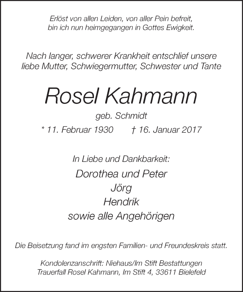  Traueranzeige für Rosel Kahmann vom 28.01.2017 aus Neue Westfälische