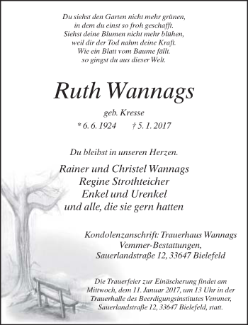 Traueranzeige von Ruth Wannags von Neue Westfälische