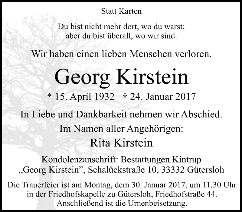  Traueranzeige für Georg Kirstein vom 27.01.2017 aus Neue Westfälische