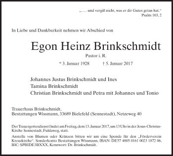 Traueranzeige von Egon Heinz Brinkschmidt von Neue Westfälische