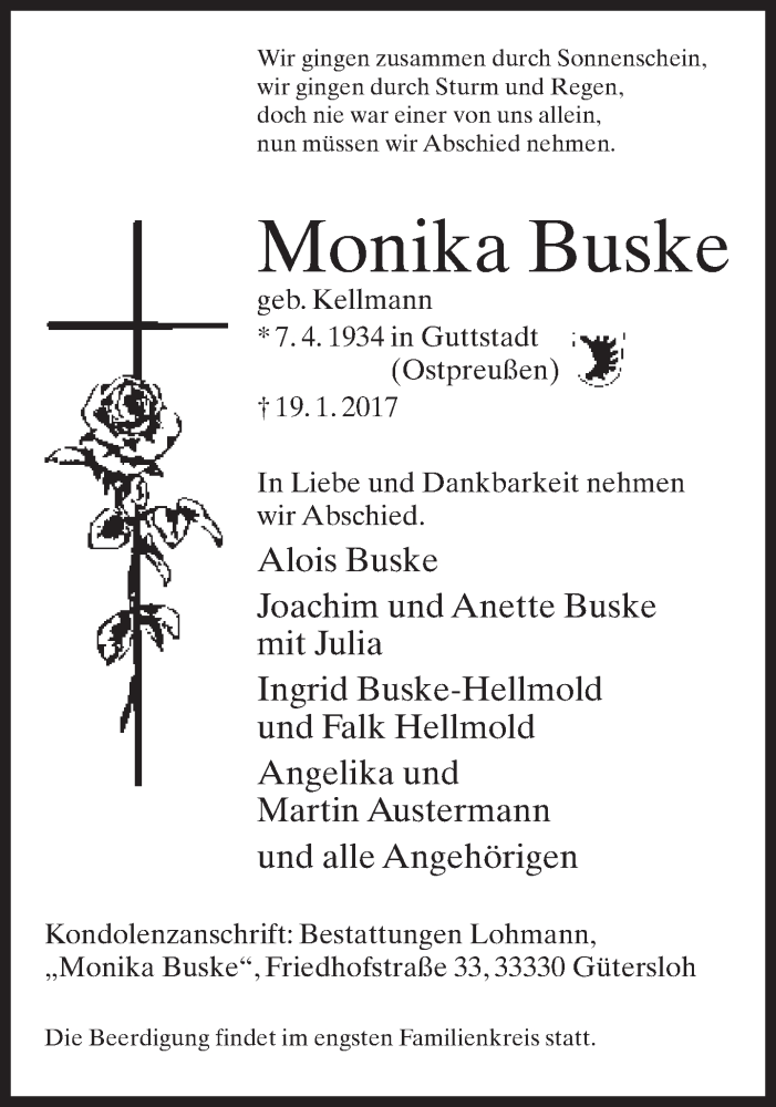  Traueranzeige für Monika Buske vom 23.01.2017 aus Neue Westfälische