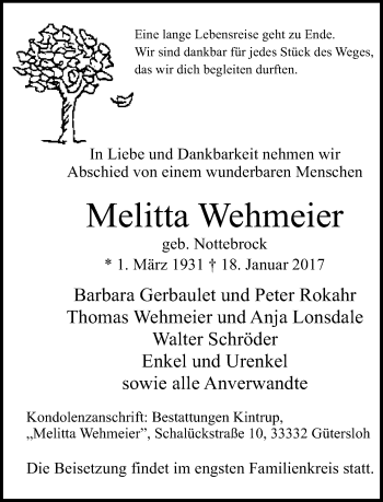 Traueranzeige von Melitta Wehmeier von Neue Westfälische