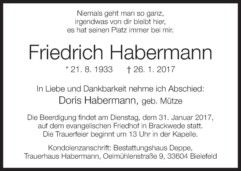  Traueranzeige für Friedrich Habermann vom 28.01.2017 aus Neue Westfälische