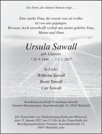 Traueranzeige von Ursula Sawall von Neue Westfälische