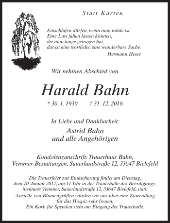 Traueranzeige von Harald Bahn von Neue Westfälische