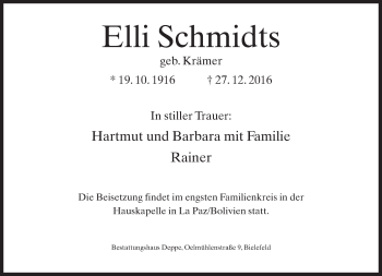 Traueranzeige von Elli Schmidts von Neue Westfälische