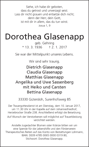 Traueranzeige von Dorothea Glasenapp von Neue Westfälische