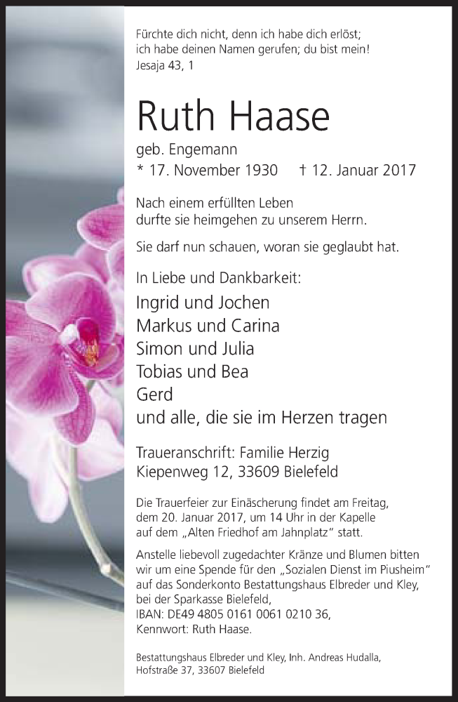  Traueranzeige für Ruth Haase vom 17.01.2017 aus Neue Westfälische