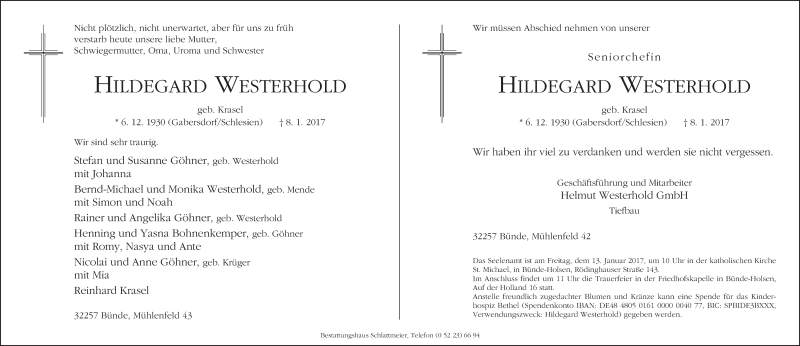  Traueranzeige für Hildegard Westerhold vom 11.01.2017 aus Neue Westfälische