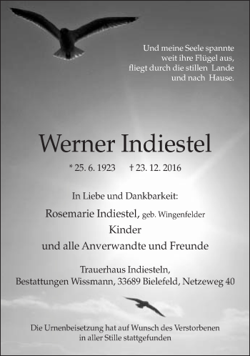 Traueranzeige von Werner Indiestel von Neue Westfälische