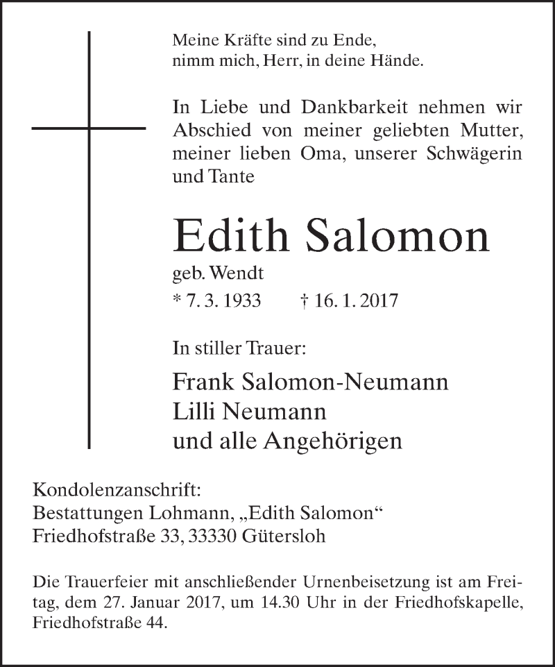  Traueranzeige für Edith Salomon vom 21.01.2017 aus Neue Westfälische