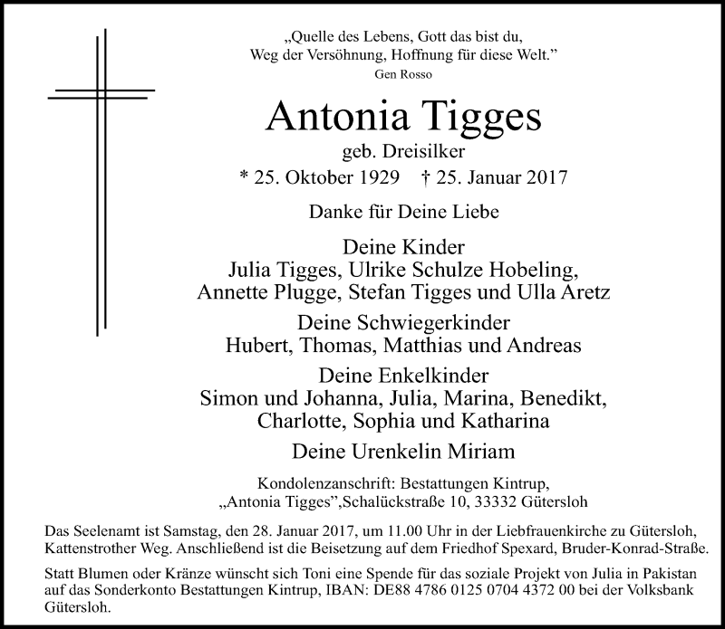  Traueranzeige für Antonia Tigges vom 26.01.2017 aus Neue Westfälische