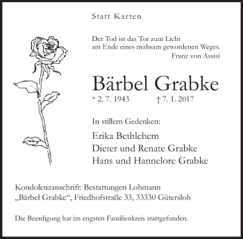 Traueranzeige von Bärbel Grabke von Neue Westfälische